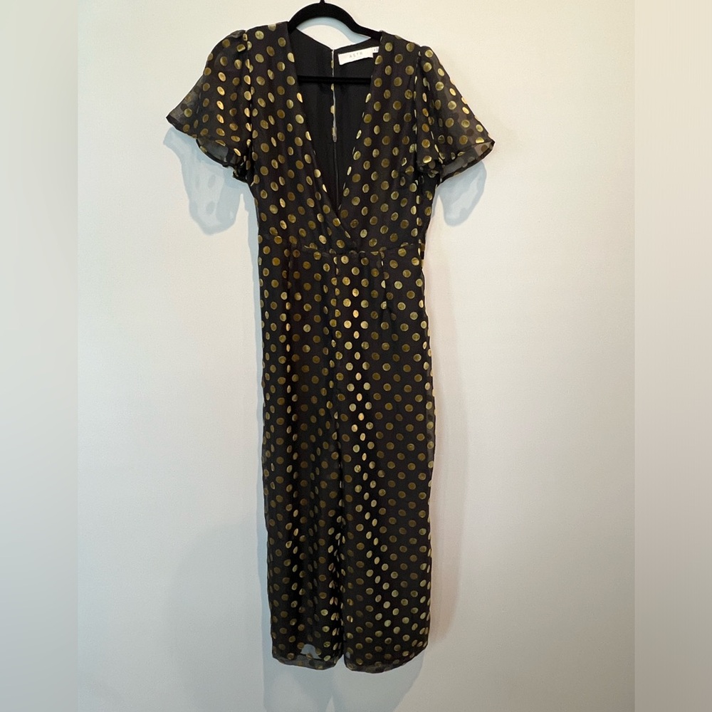 ASTR Olive green velvet and black jumpsuit with belt size M short sleeve